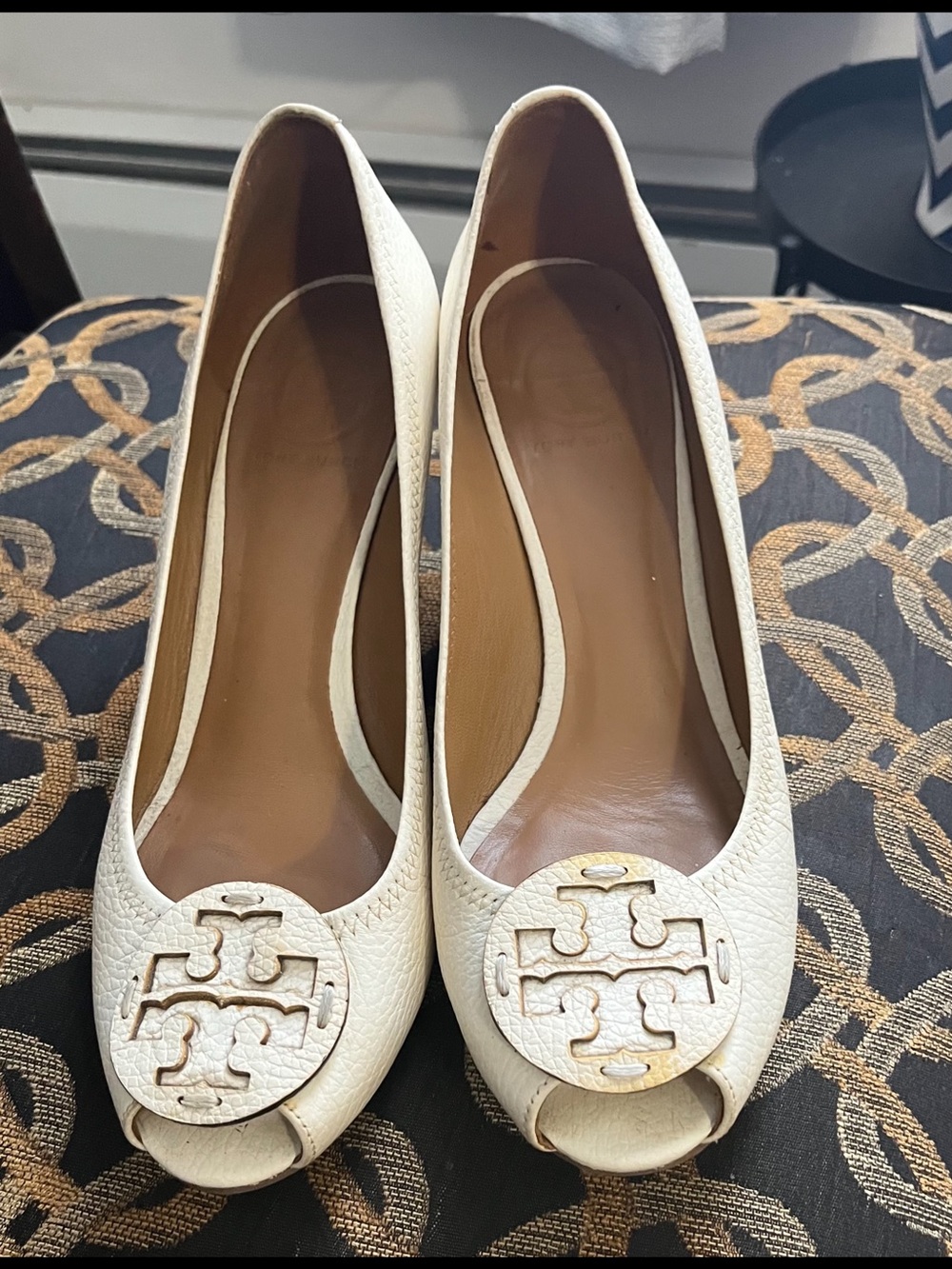Tory Burch Cream Peep-Toe Wedge Heels